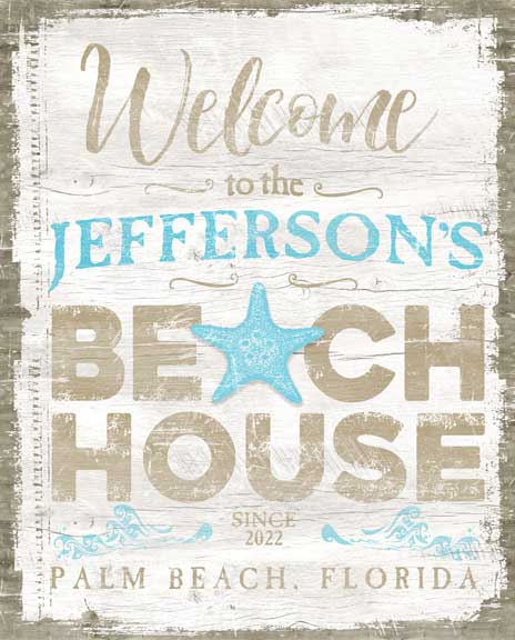 coastal wall decor sign in neutral colors with the words welcome to the (family name) beach house, with address