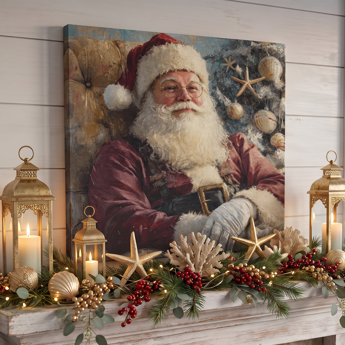 Coastal Christmas art canvas of Santa by a seashell tree, on a mantel with gold lanterns and starfish
