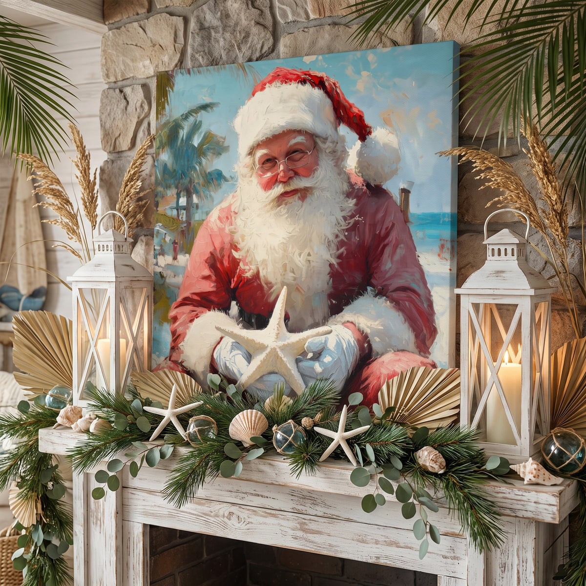 Coastal Christmas decor canvas of a starfish Santa on a whitewashed mantel with white lanterns and shells