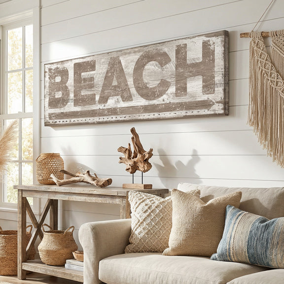 Coastal Decor Nautical-themed living room with 'BEACH' sign, wooden table, and decorative pillows.