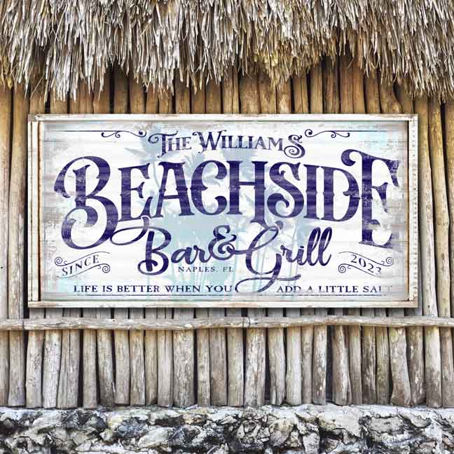 beach house bar and grill sign in distressed white drift wood with personalized name that says: beachside bar and grill