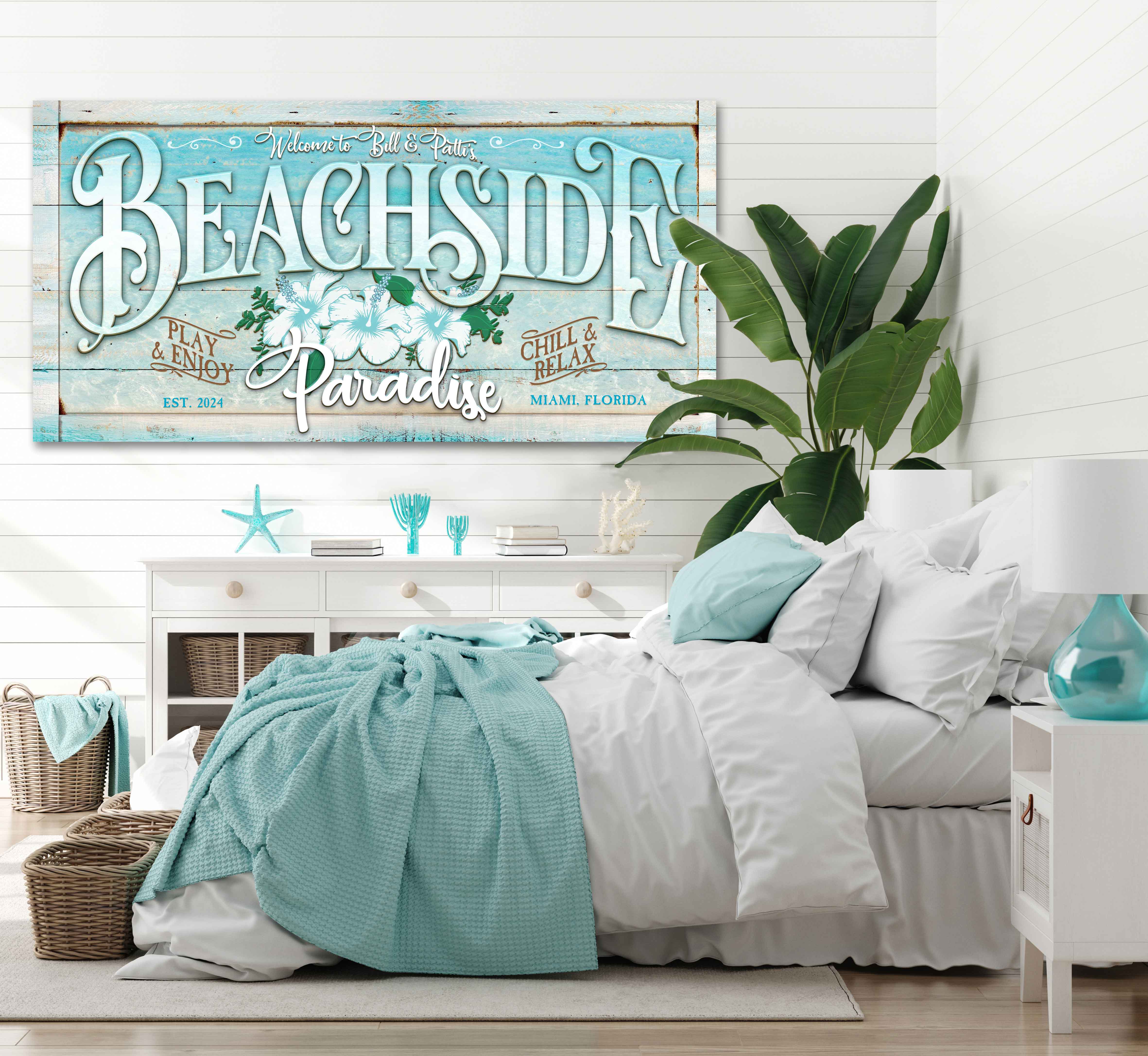 coastal decor sign that says (family name) Beachside Paradise, play and enjoy, wood signs