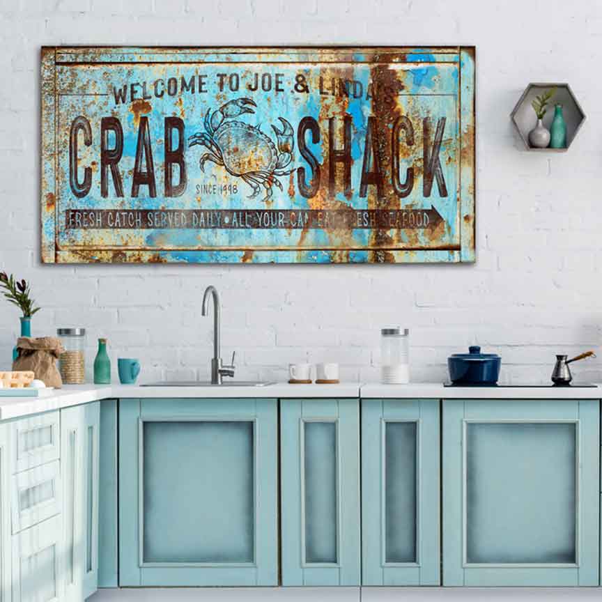 Coastal Decor Crab Shack Sign on old faux rusted blue, brown rusted sign.
