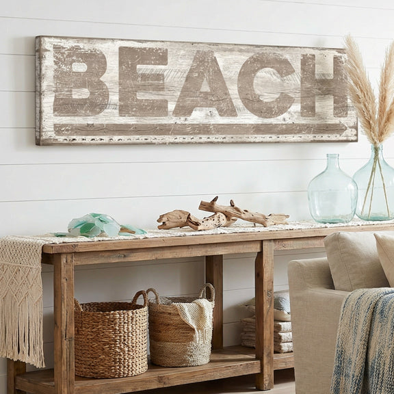 Nautical-themed room with 'BEACH' sign, baskets, and decorative items on a wooden console table.