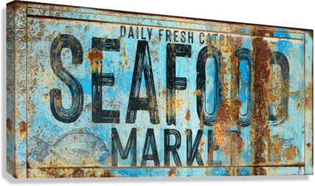 Seafood Market Restaurant Sign on blue rusted metal frame with the words Seafood Market