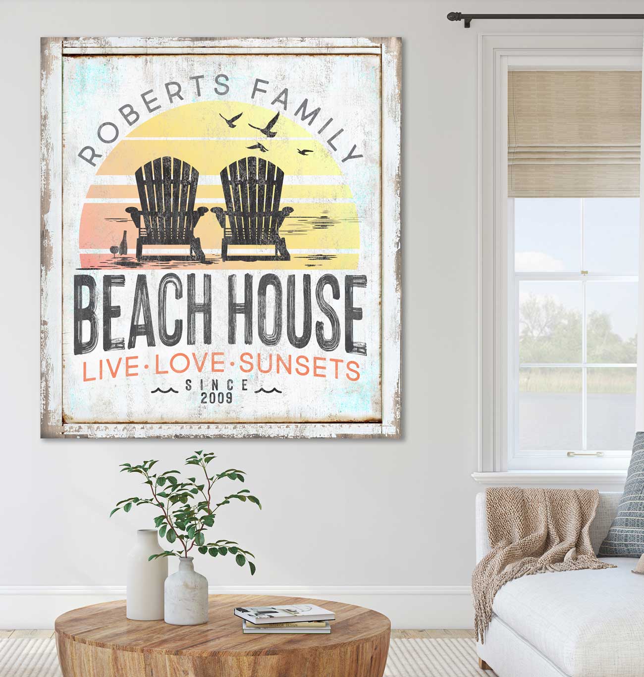coastal Decor Sign of a sunset with chairs and birds flying in the sunset with family name and est. date.
