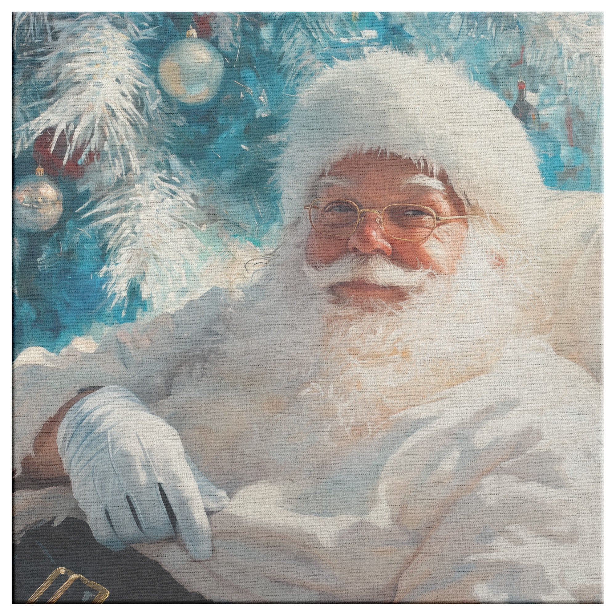 coastal santa art of Santa sitting near a blue toned tree in all white suite