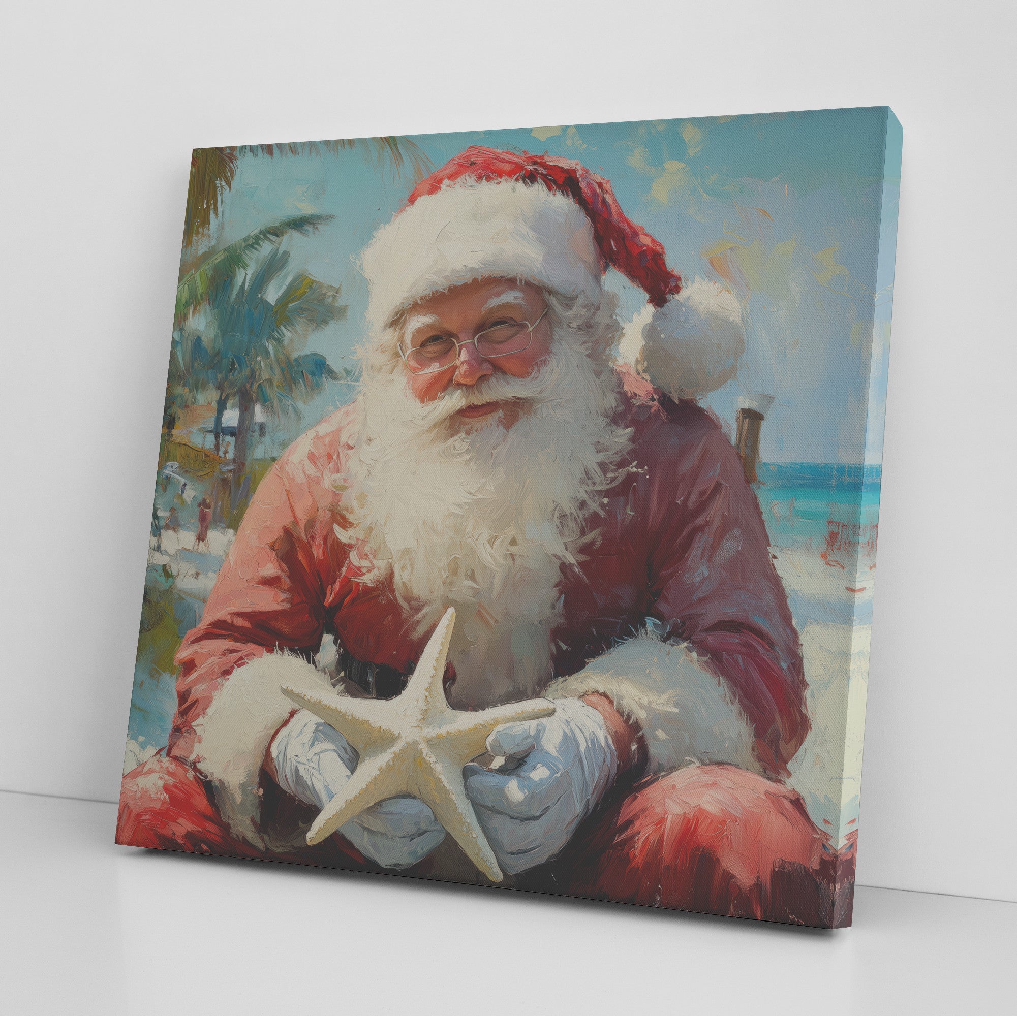 coastal santa art santa holding a starfish on the beach