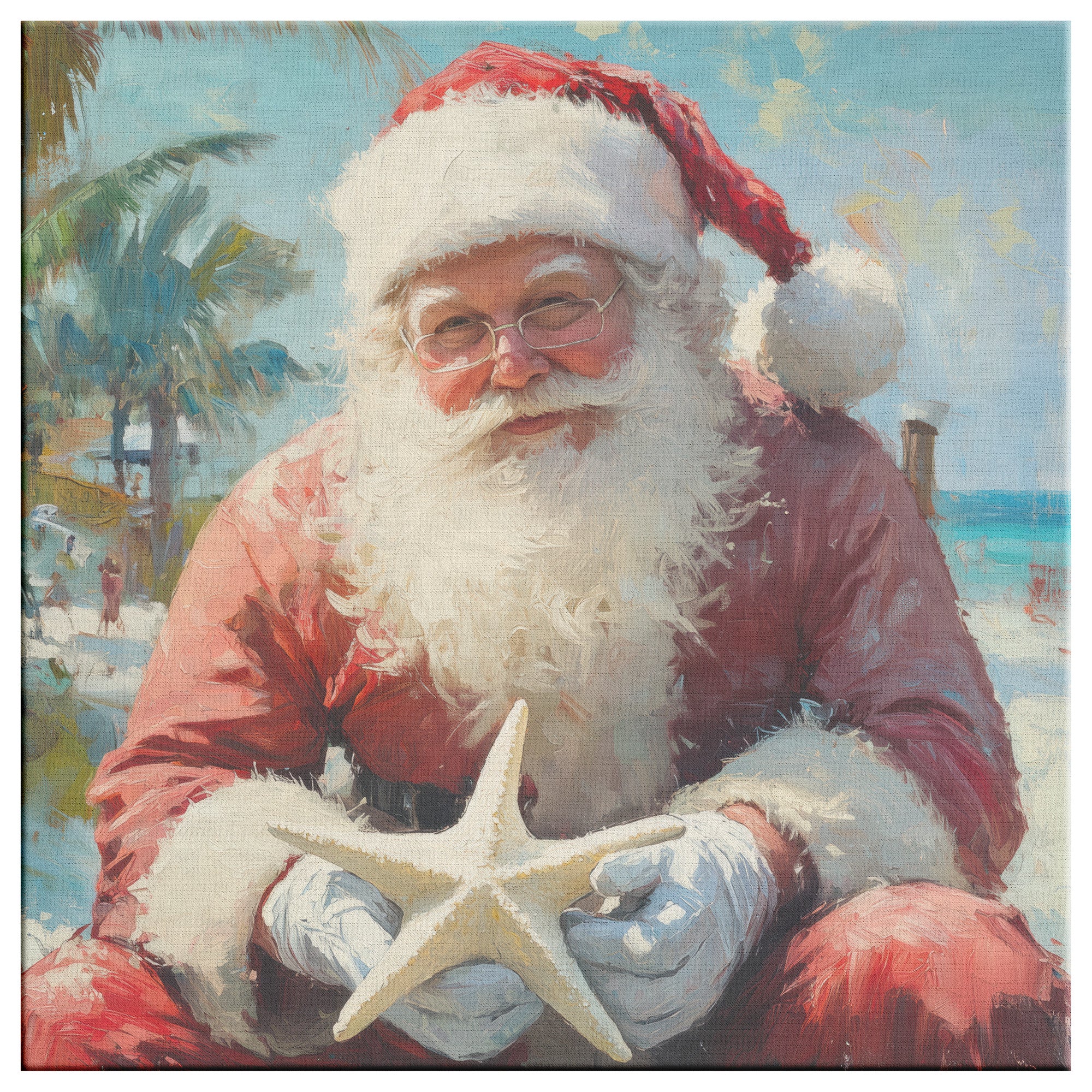 coastal santa art print of santa on the beach holding a starfish