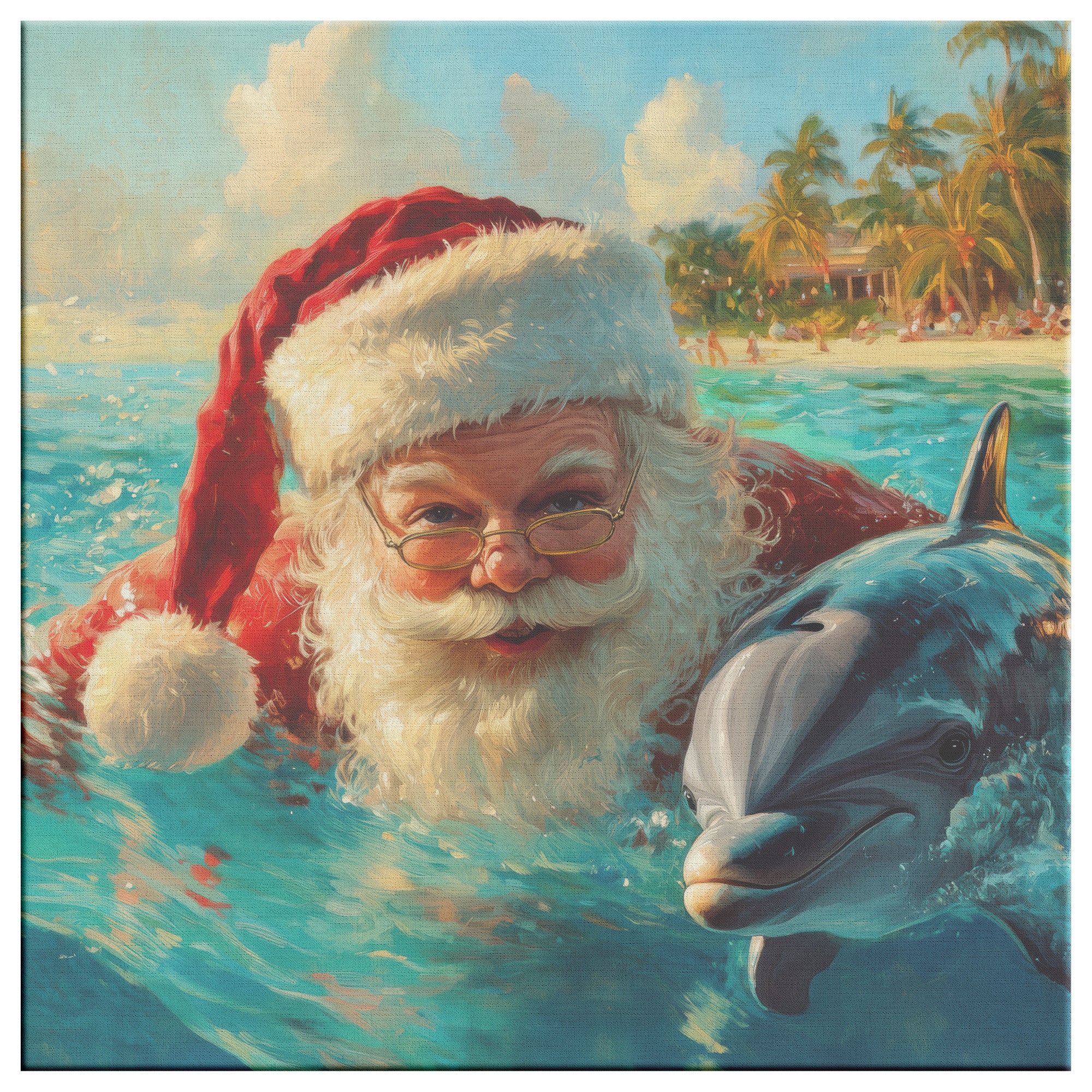 Coastal Santa art swimming with a dolphin in a tropical ocean beach.