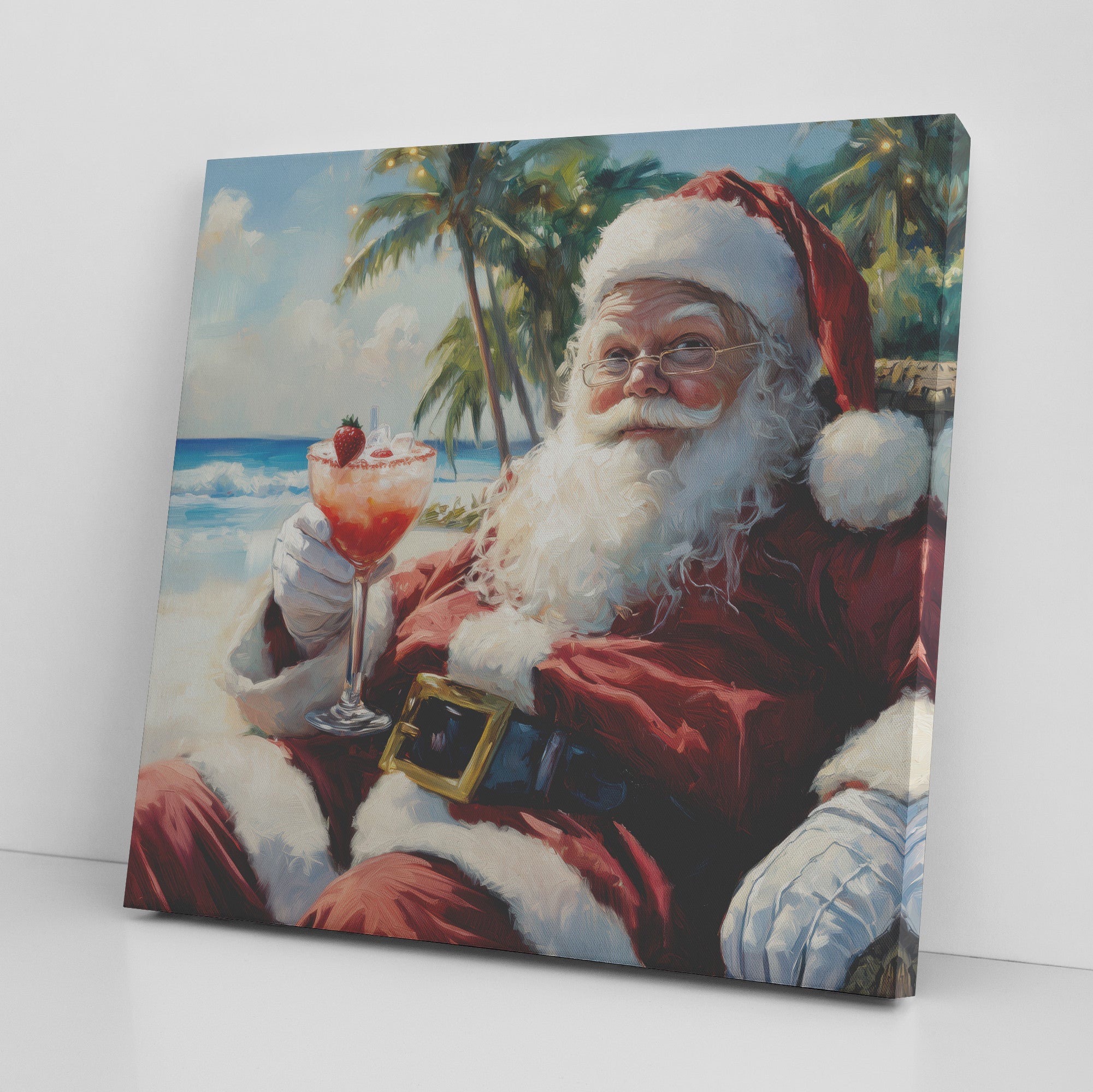 coastal santa art of santa on the beach drinking a margarita
