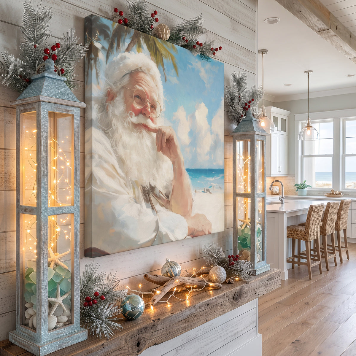 Coastal Santa canvas in a linen shirt, displayed in a bright beach kitchen with blue fairy-light lanterns