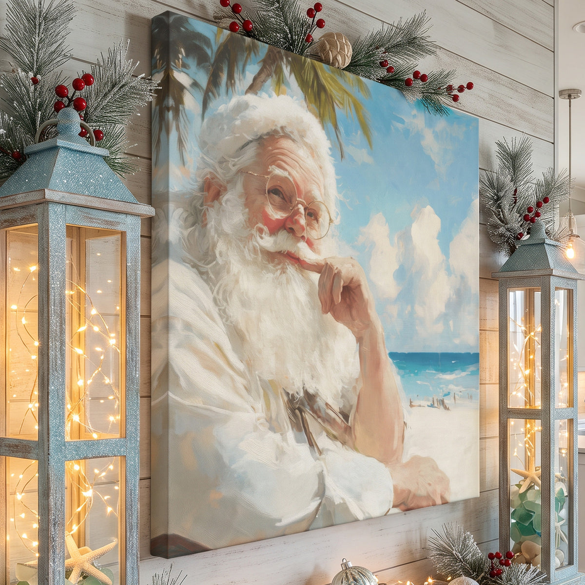Coastal Santa print on canvas of Santa in a linen shirt, flanked by tall blue lanterns with fairy lights