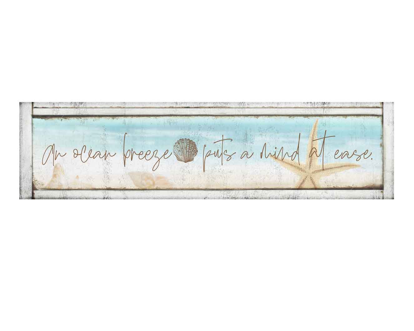 Coastal wall art -Beach House Decor - Beach decor that is on a light wood style canvas with the poem: An ocean breeze pauts a mind to ease with a starfish.