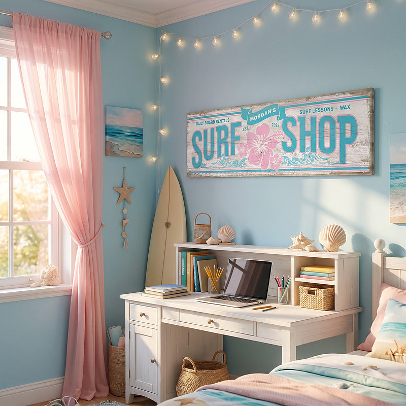Coastal wall decor sign in a beach bedroom corner with fairy lights, a desk and a surfboard