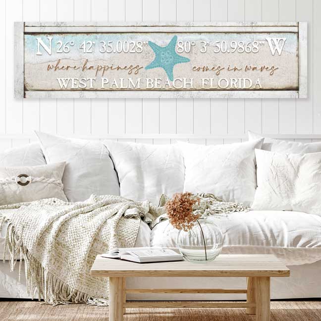 Latitude and Longitude Coastal Wall Decor Sign with beach sand and blue waters.