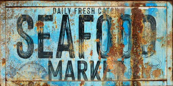 Coastal decor Seafood Market Restaurant Sign on blue rusted metal frame with the words Seafood Market