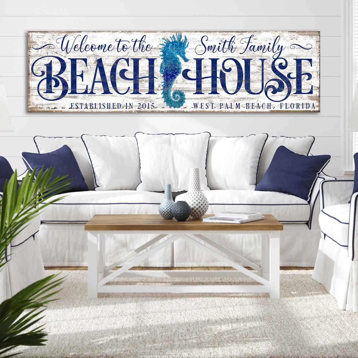 Coastal Decor seahorse beach house sign with distressed white paint on faux distressed wood canvas frame with words {welcome to our beach house] est. date and name and state