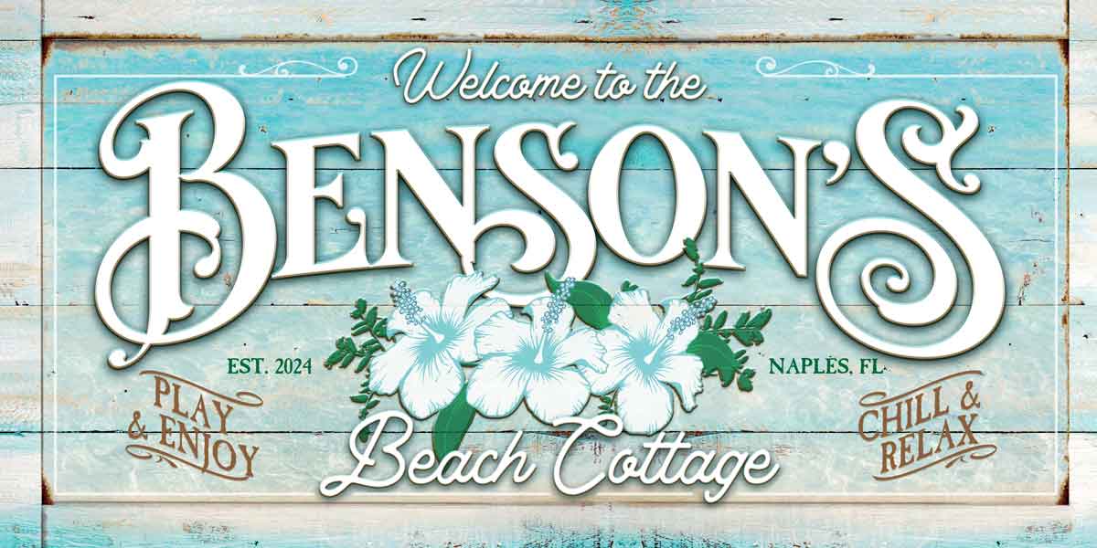 Coastal Wall Decor Sign that says Welcome to the  (Family Name) Beach Cottage in teal wood sign.