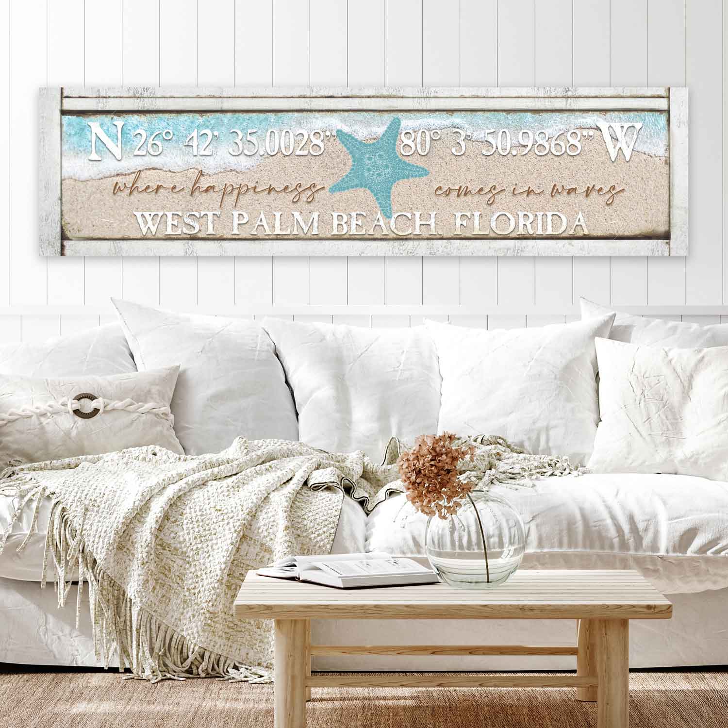 coastal wall decor Geo coordinates sign with sand and ocean water that has geo coordinates