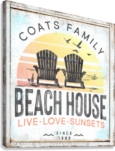 coastal Wall Decor Sign of a sunset with chairs and birds flying in the sunset with family name and est. date.
