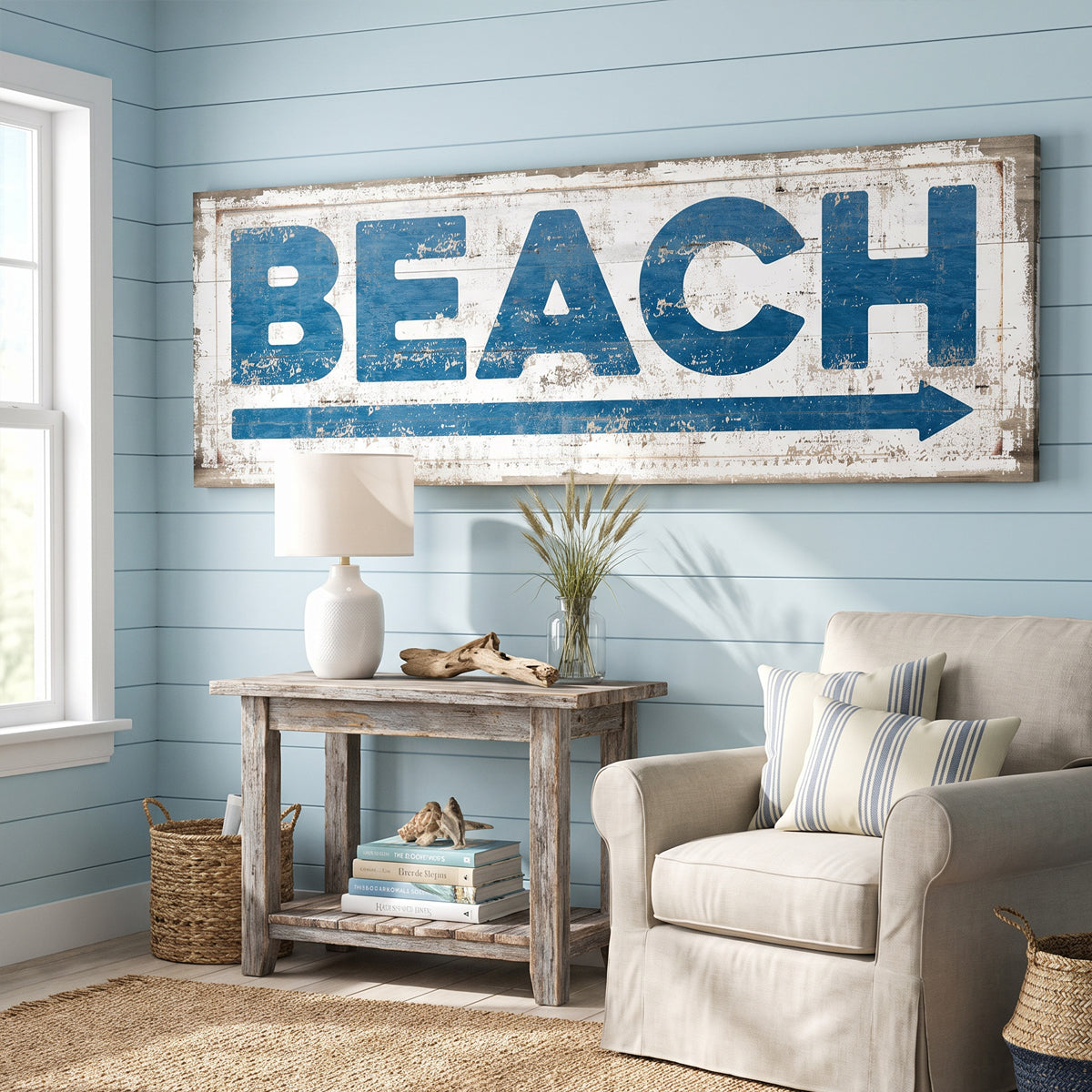 Blue nautical Beach arrow sign as coastal wall decor — beach house signs in navy and white