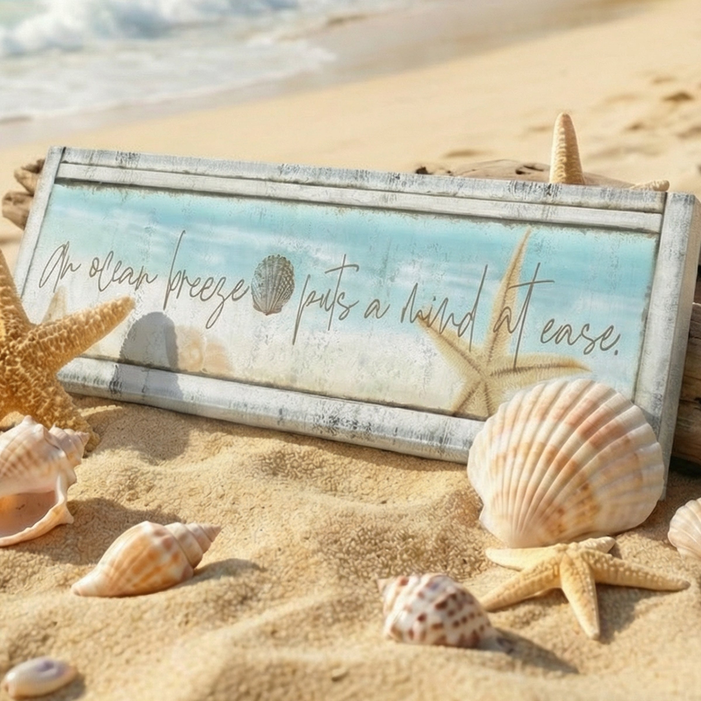 coastal wall decor sitting in the sand with shells around it that says An ocean breeze put a mind to ease.
