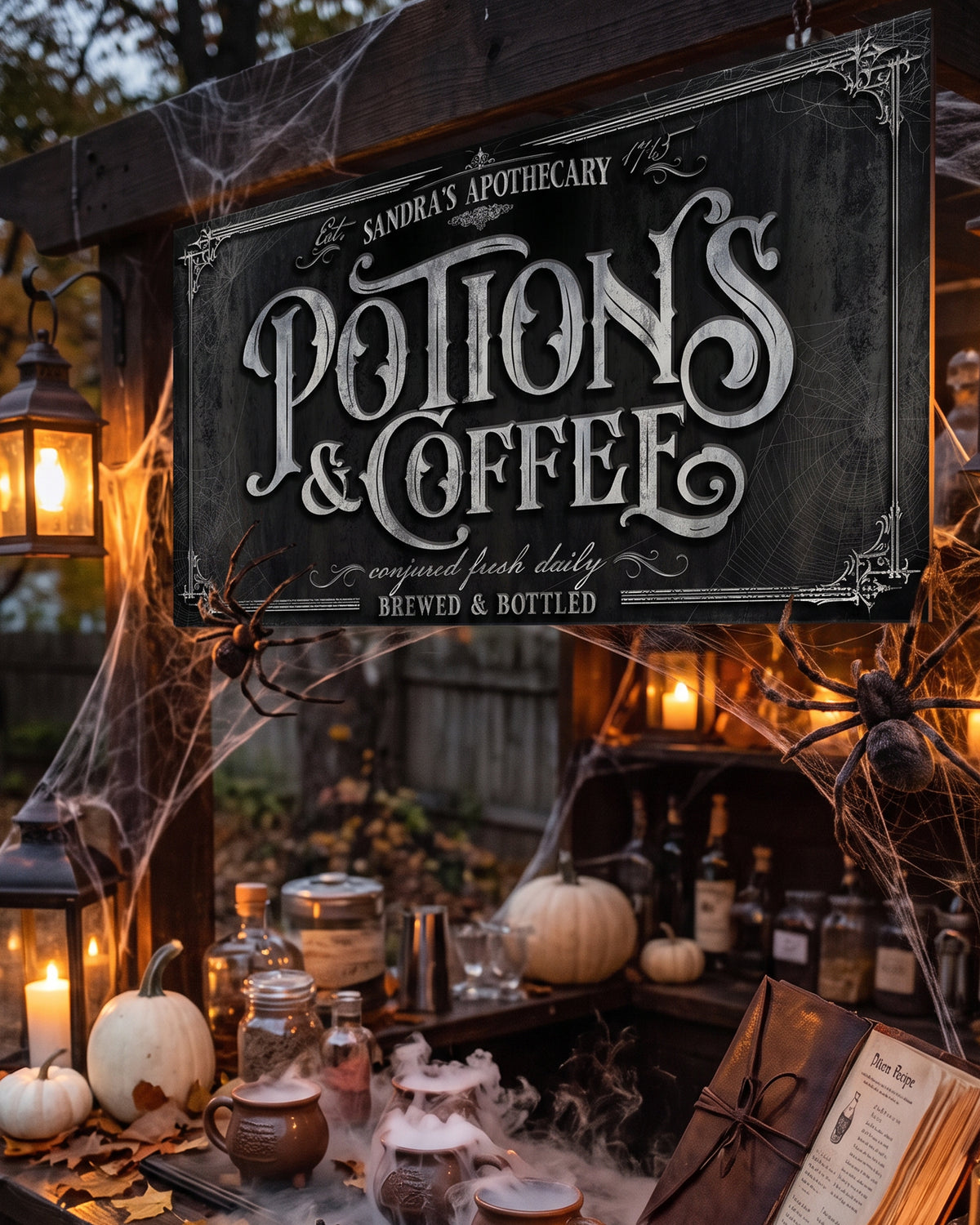 Potions and Coffee sign under cobwebs and lanterns with pumpkins and apothecary bottles