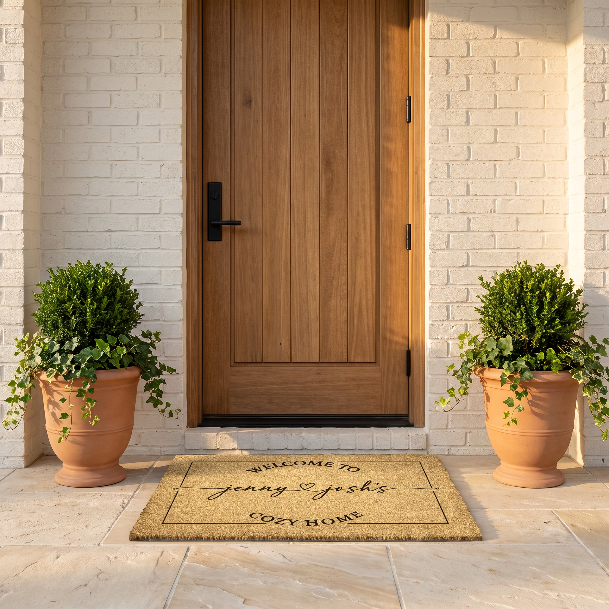 Couples doormat reading Welcome To Cozy Home with first names, between terracotta urns on white brick