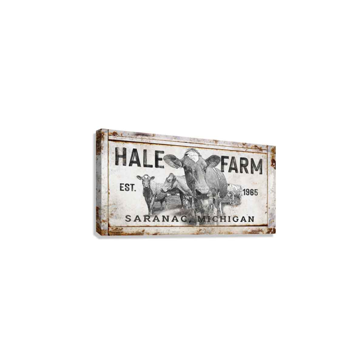 Cow Sign Decor on distressed cream colored paint with black words [Family Name, Farm] Est. Date, and City and State with a big photo of cows on it.