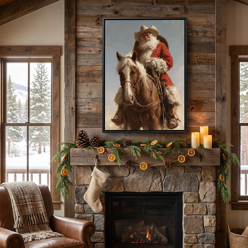 Cowboy Santa on horseback canvas in a black frame on barnwood above a stone fireplace with orange slice garland and candles