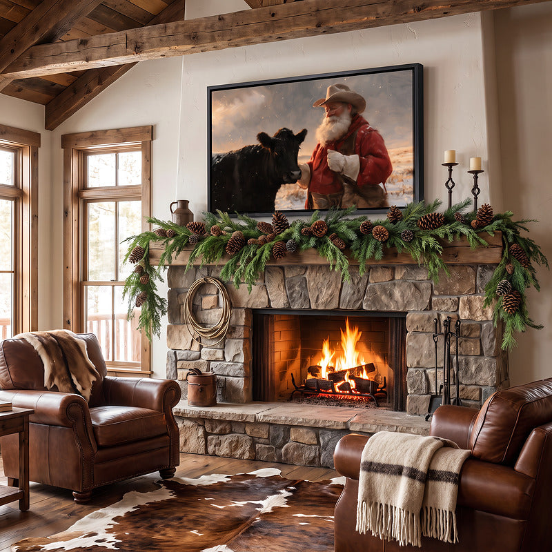 Cowboy Santa canvas in a black frame above a stone fireplace, pine garland and pinecones along the timber mantel