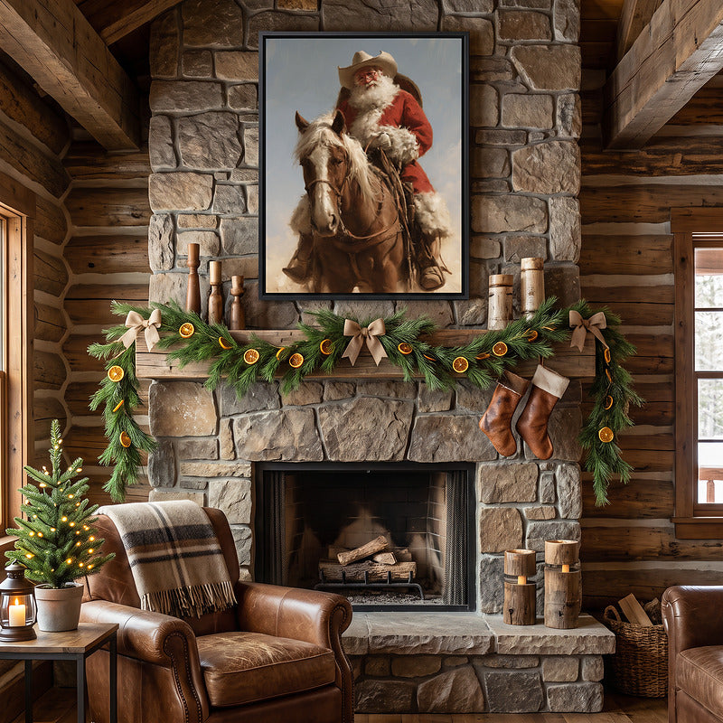 Cowboy Santa on horseback canvas in a black frame on a log cabin stone fireplace with garland, burlap bows and stockings