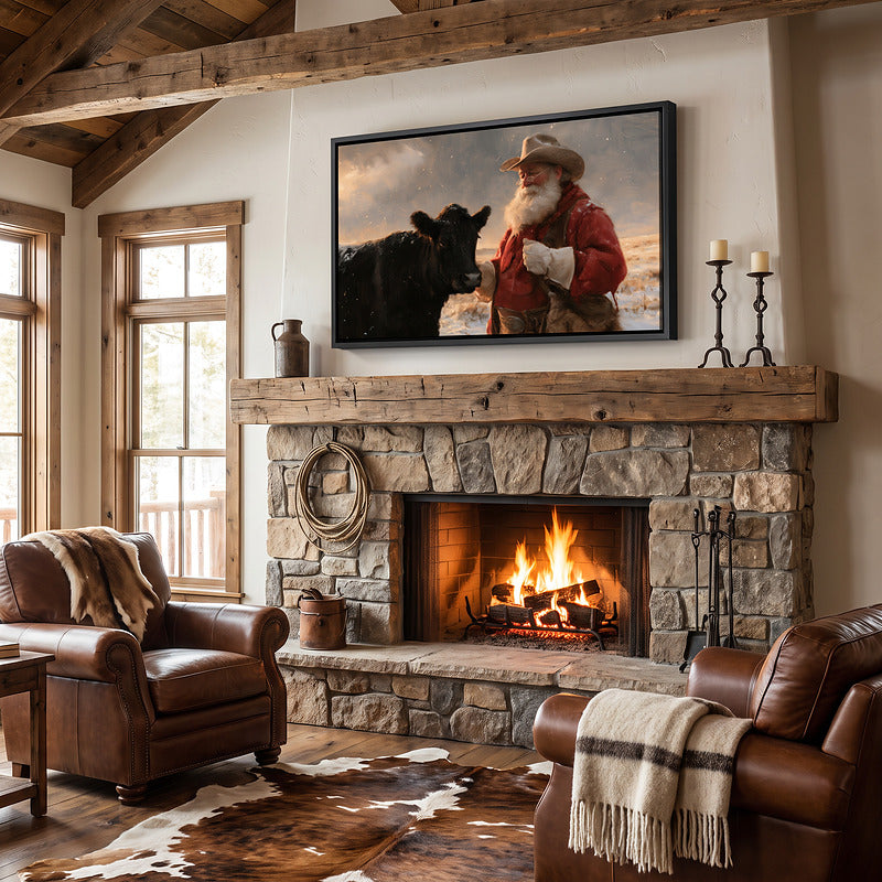 Cowboy Santa and cattle canvas in a black frame above a stone fireplace in a lodge with leather chairs and a cowhide rug