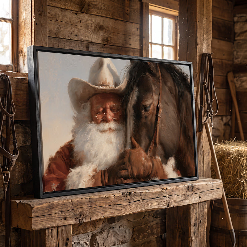 Cowboy Santa and his horse canvas in a black frame on a timber ledge in a tack room with bridles and straw bales