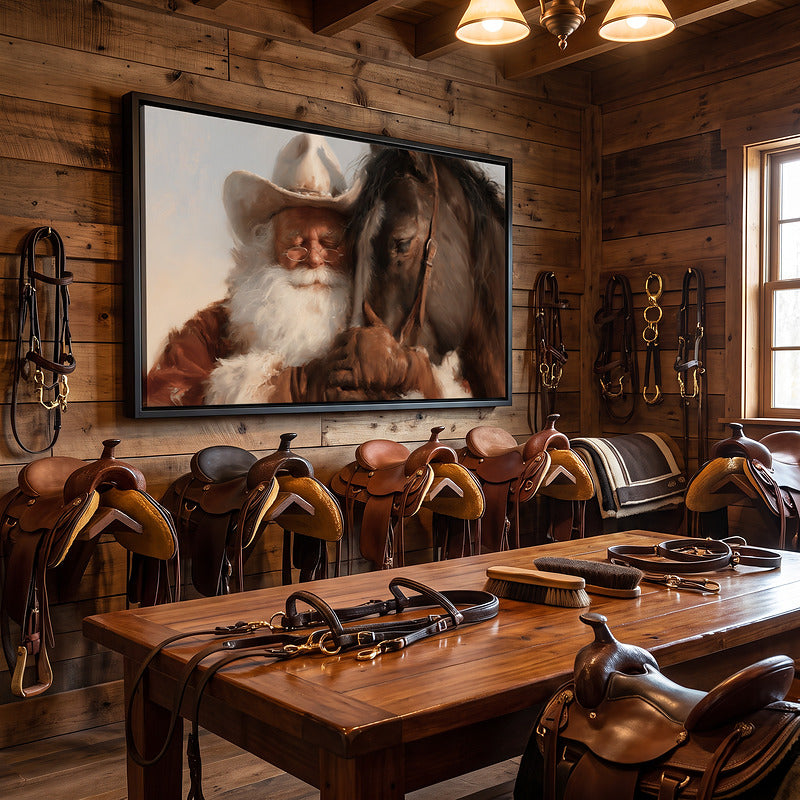Cowboy Santa and his horse canvas in a black frame above a row of western saddles in a timber saddle room