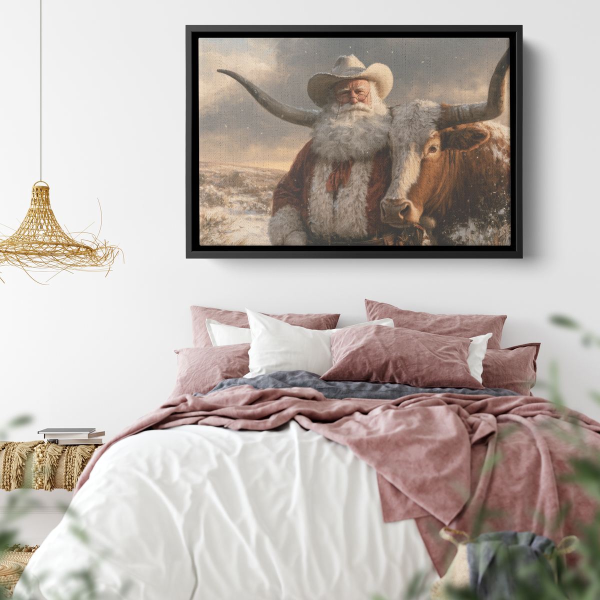 Cowboy Santa and longhorn canvas in a black frame hanging above a bed with dusty pink velvet pillows