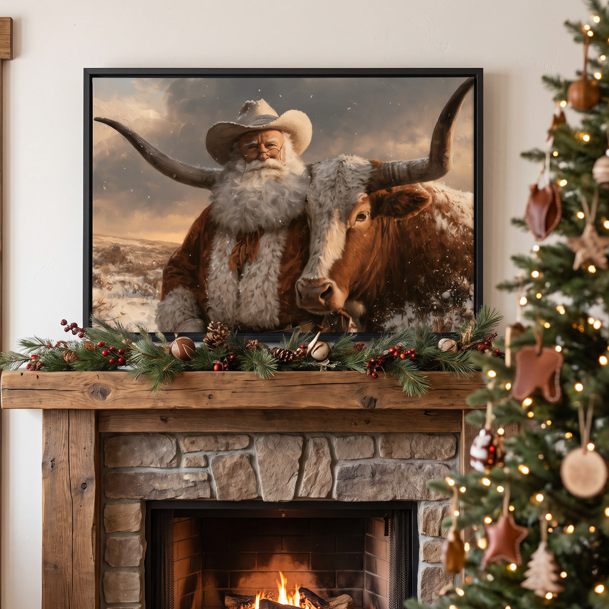 Cowboy Santa and longhorn canvas in a black frame over a lit fireplace beside a decorated Christmas tree