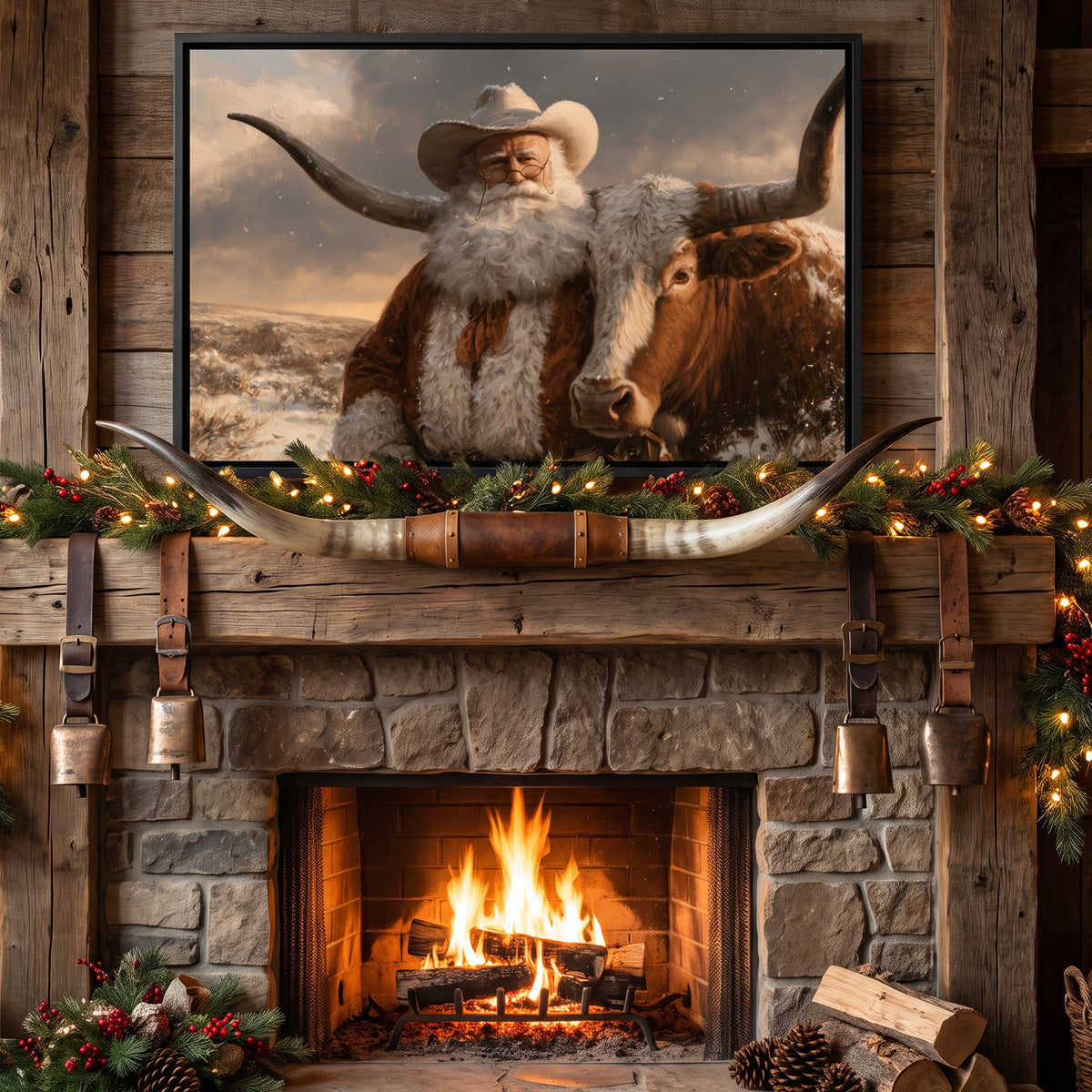 Cowboy Santa and a Texas longhorn canvas above a stone fireplace with pine garland and brass cowbells