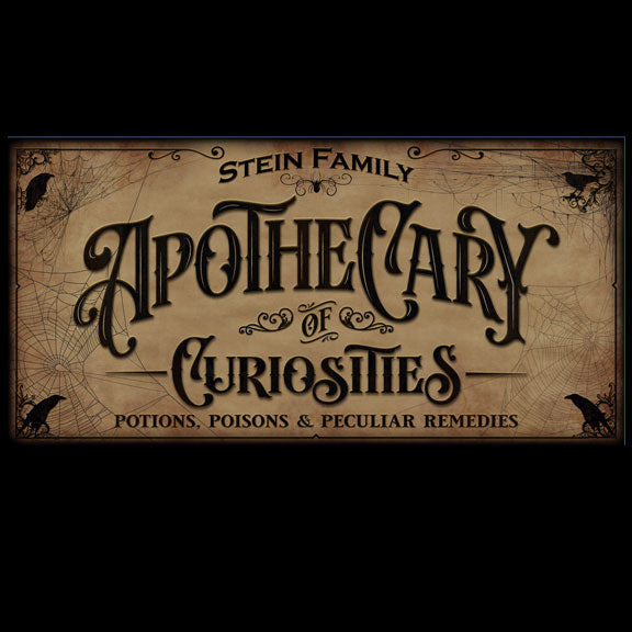 Custom apothecary sign with a family name, full artwork on tan parchment with ravens and cobwebs