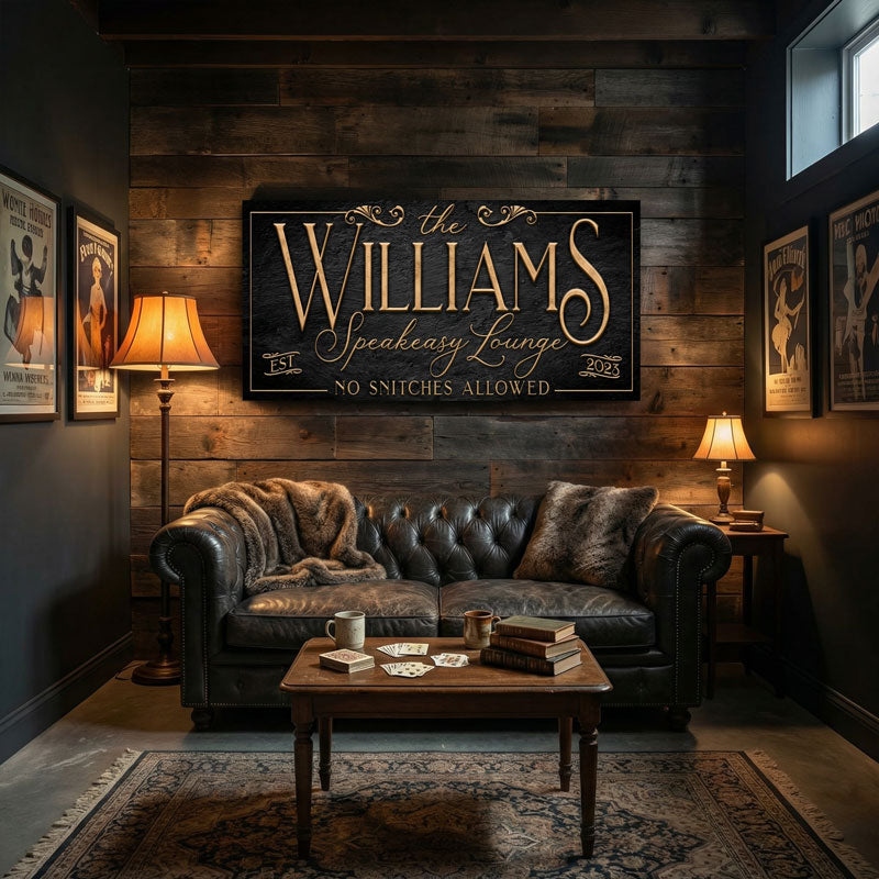 Custom bar lounge sign speakeasy with cozy living room with leather sofa, wooden coffee table, and 'Williams Speakeasy Lounge' sign on the wall.
