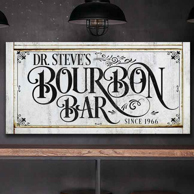 custom bar signb-bBourbon Bar signs on white distressed faux wood with (name) and the words Bourbon bar