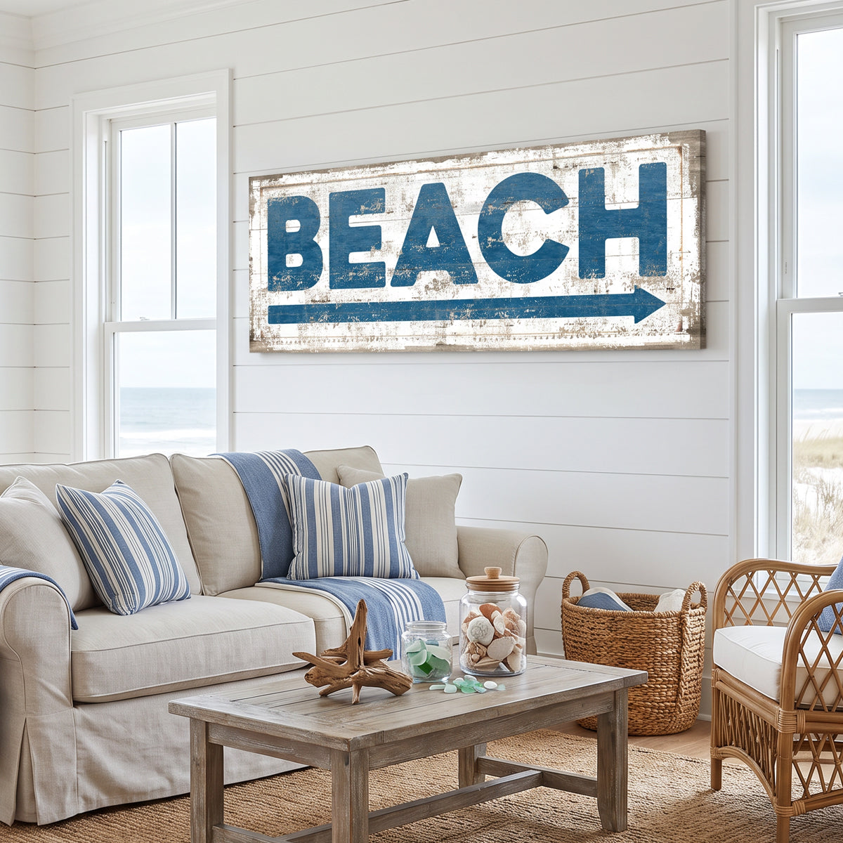 Blue distressed Beach House Arrow Sign pointing left — coastal nautical wall decor