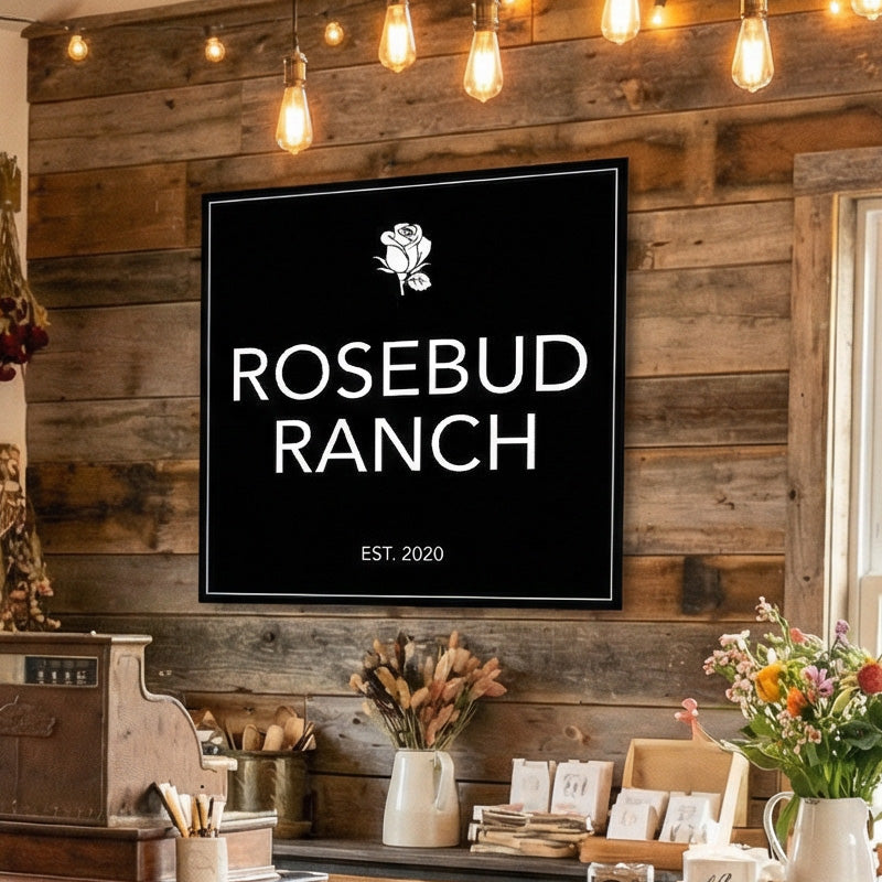custom boutique sign with 'Rosebud Ranch' on a wooden wall with rustic decor.