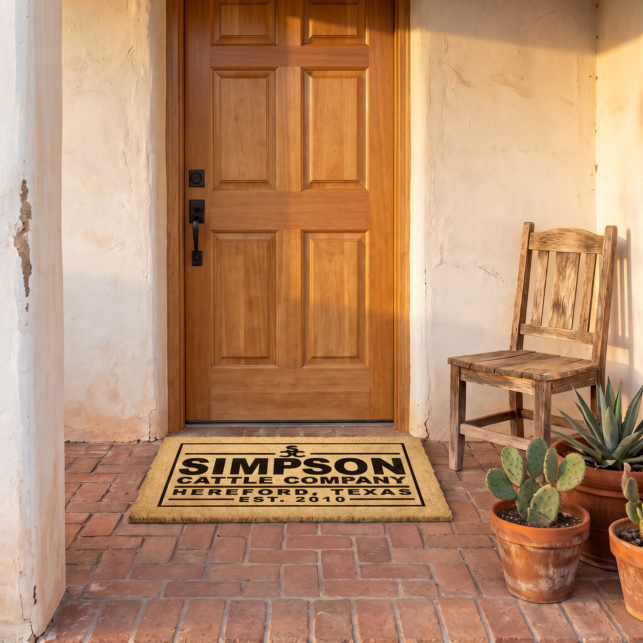 Custom cattle ranch doormat with a cattle brand mark at a wood door on an adobe porch with cactus