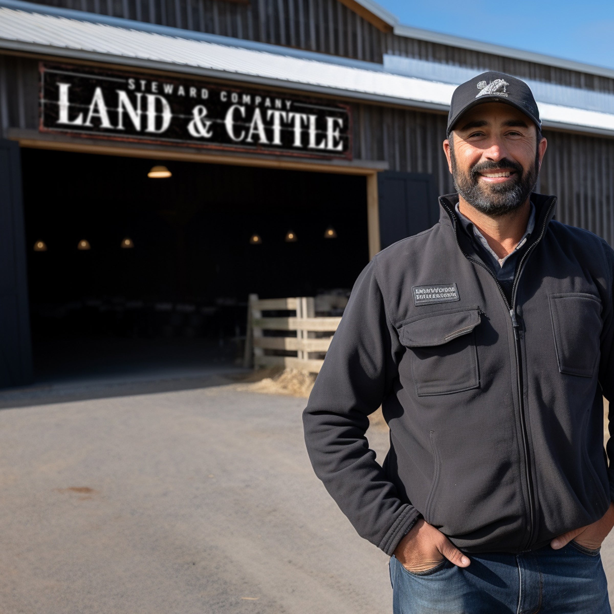 custom cattle ranch signs with large white letters that say Land and Cattle.