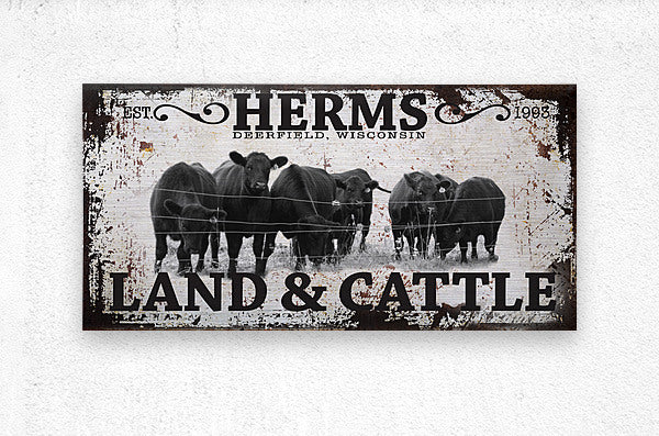 Cattle Ranch Signs Custom with black angus cows standing by the fence with the word (family name) Land and Cattle