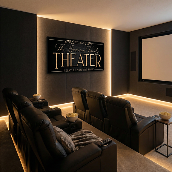 Home theater with personalized 'The Garrison Family Theater' sign on a dark wall.