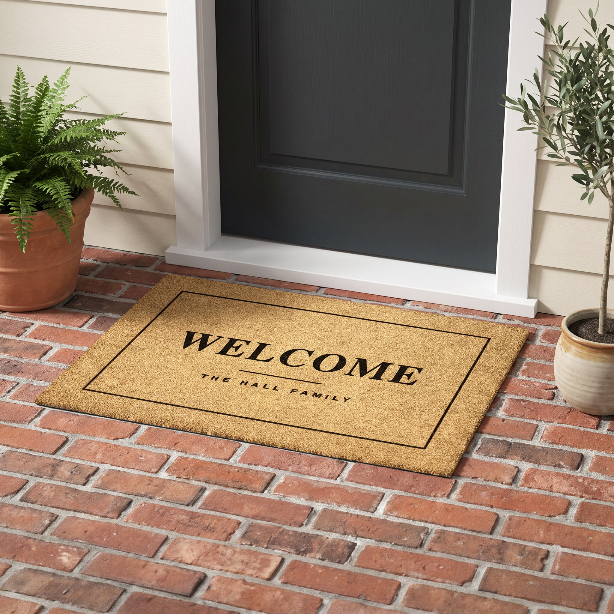 Custom coir welcome mat with family name at a gray door on brick pavers with an olive tree