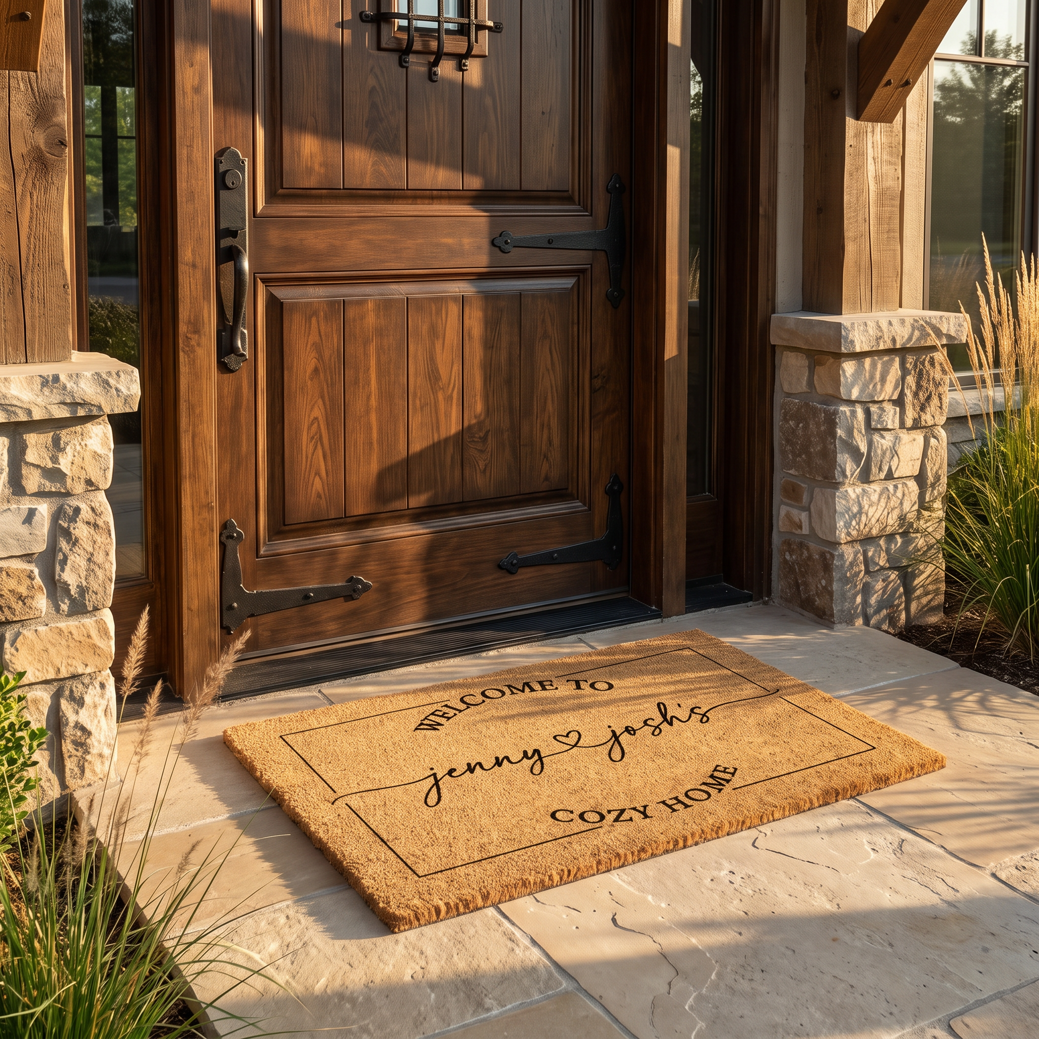 Custom couples coir welcome mat with two first names at a timber and stone front entry